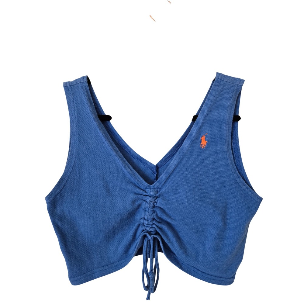 VINTAGE Polo Ralph Lauren Womens M Tank Top Blue Ruched Front Cropped Y2K